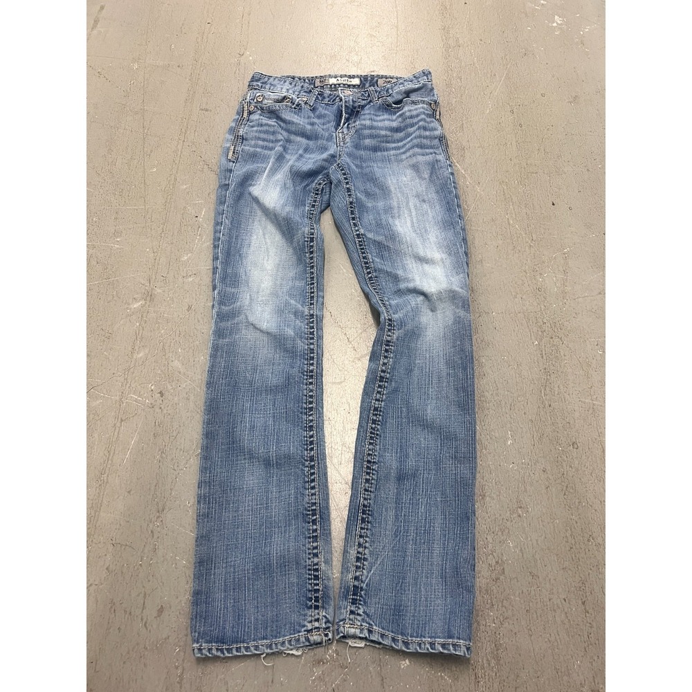 Buckle BKE Asher Straight Jeans Mens 29R Blue Denim Distressed Retro Whiskering